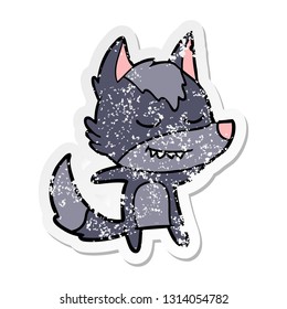 distressed sticker of a friendly cartoon wolf