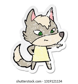 distressed sticker of a friendly cartoon wolf