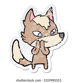 distressed sticker of a friendly cartoon wolf