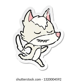 distressed sticker of a friendly cartoon wolf