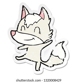 distressed sticker of a friendly cartoon wolf