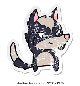 distressed sticker of a friendly cartoon wolf