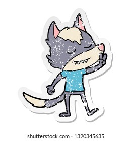 distressed sticker of a friendly cartoon wolf making peace sign