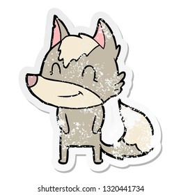 distressed sticker of a friendly cartoon wolf
