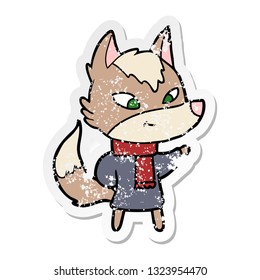 distressed sticker of a friendly cartoon wolf