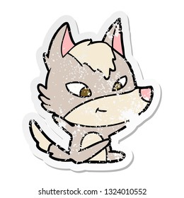 distressed sticker of a friendly cartoon wolf