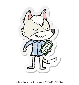 distressed sticker of a friendly cartoon wolf with notes