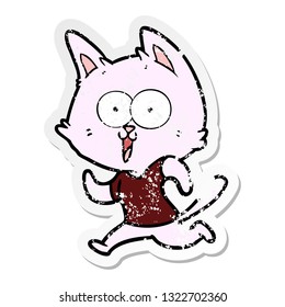 distressed sticker of a funny cartoon cat jogging