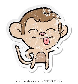 distressed sticker of a funny cartoon monkey pointing