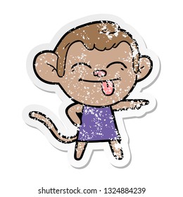 distressed sticker of a funny cartoon monkey pointing