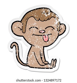 distressed sticker of a funny cartoon monkey sitting