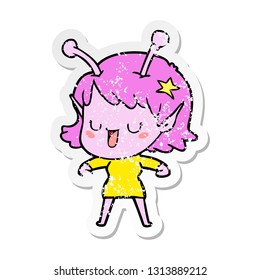 distressed sticker of a happy alien girl cartoon