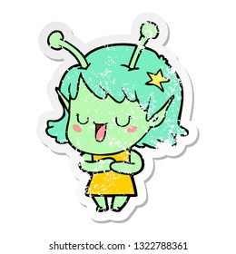 distressed sticker of a happy alien girl cartoon