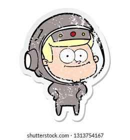 distressed sticker of a happy astronaut cartoon