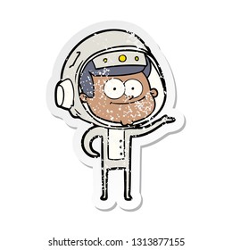 distressed sticker of a happy astronaut cartoon