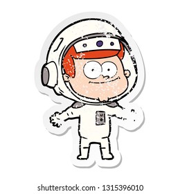 distressed sticker of a happy astronaut cartoon