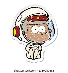 distressed sticker of a happy astronaut cartoon