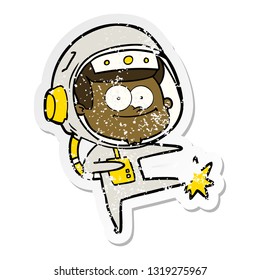 distressed sticker of a happy astronaut cartoon