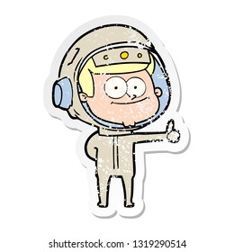 distressed sticker of a happy astronaut cartoon