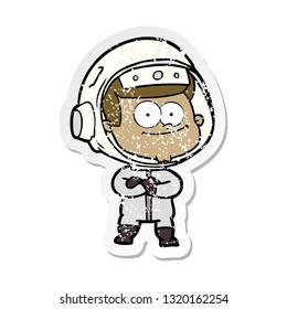 distressed sticker of a happy astronaut cartoon