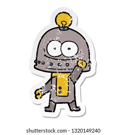 distressed sticker of a happy carton robot with light bulb