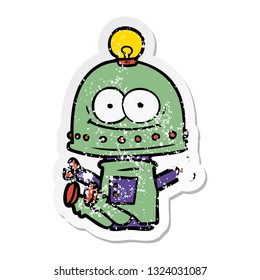 distressed sticker of a happy carton robot with light bulb