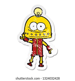 distressed sticker of a happy carton robot with light bulb
