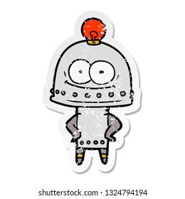 distressed sticker of a happy carton robot with light bulb