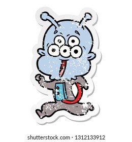 distressed sticker of a happy cartoon alien running