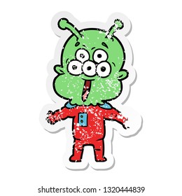 distressed sticker of a happy cartoon alien