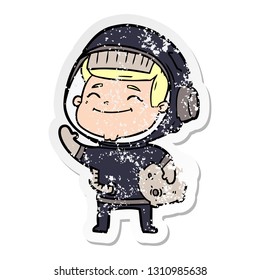 distressed sticker of a happy cartoon astronaut