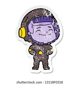 distressed sticker of a happy cartoon astronaut