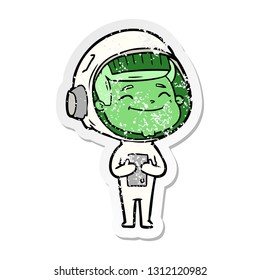 distressed sticker of a happy cartoon astronaut