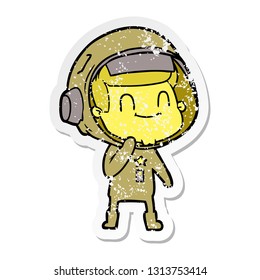 distressed sticker of a happy cartoon astronaut