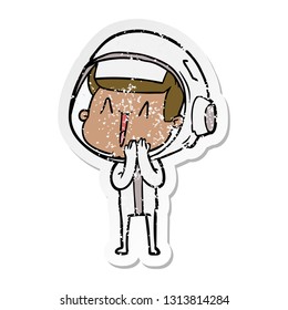 distressed sticker of a happy cartoon astronaut