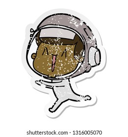 distressed sticker of a happy cartoon astronaut running