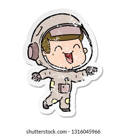 distressed sticker of a happy cartoon astronaut