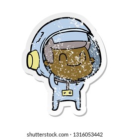 distressed sticker of a happy cartoon astronaut man