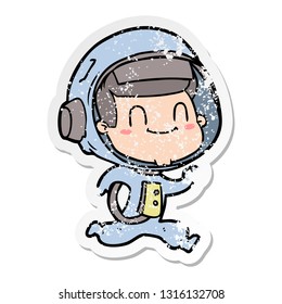 distressed sticker of a happy cartoon astronaut