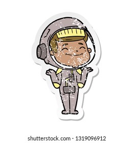 distressed sticker of a happy cartoon astronaut