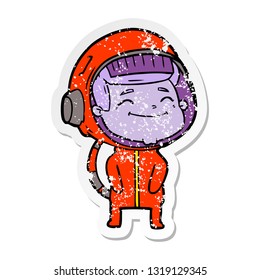 distressed sticker of a happy cartoon astronaut