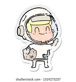 distressed sticker of a happy cartoon astronaut man