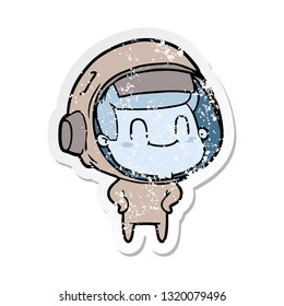 distressed sticker of a happy cartoon astronaut man