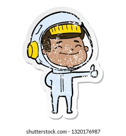 distressed sticker of a happy cartoon astronaut