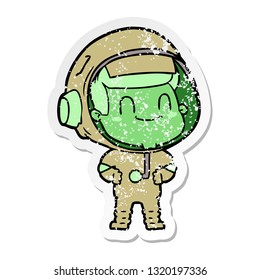 distressed sticker of a happy cartoon astronaut man