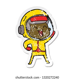 distressed sticker of a happy cartoon astronaut