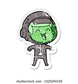 distressed sticker of a happy cartoon astronaut