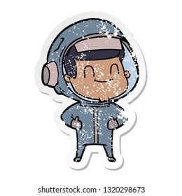 distressed sticker of a happy cartoon astronaut