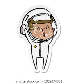 distressed sticker of a happy cartoon astronaut