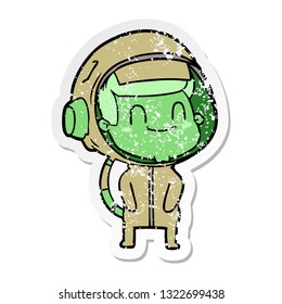 distressed sticker of a happy cartoon astronaut man